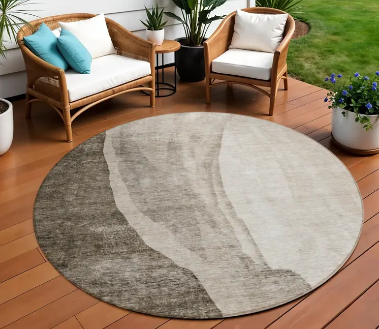 8' Taupe And Brown Round Abstract Washable Indoor Outdoor Area Rug