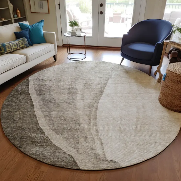 8' Taupe And Brown Round Abstract Washable Indoor Outdoor Area Rug