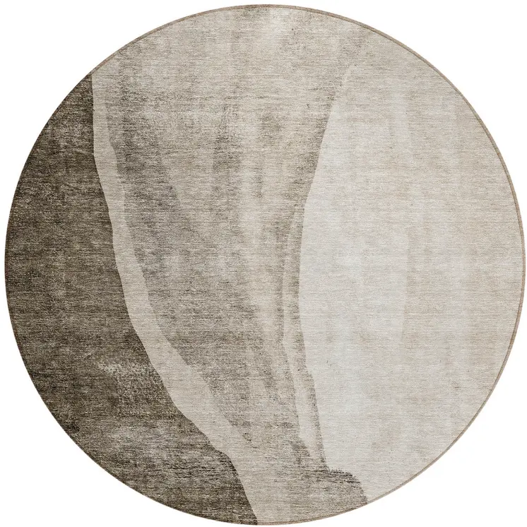 8' Taupe And Brown Round Abstract Washable Indoor Outdoor Area Rug