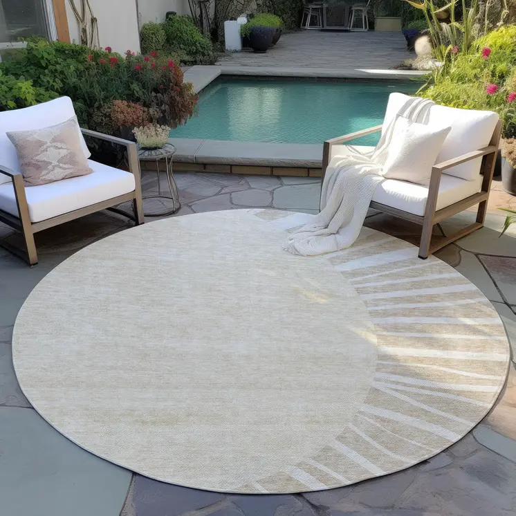 8' Beige And Khaki Round Abstract Washable Indoor Outdoor Area Rug