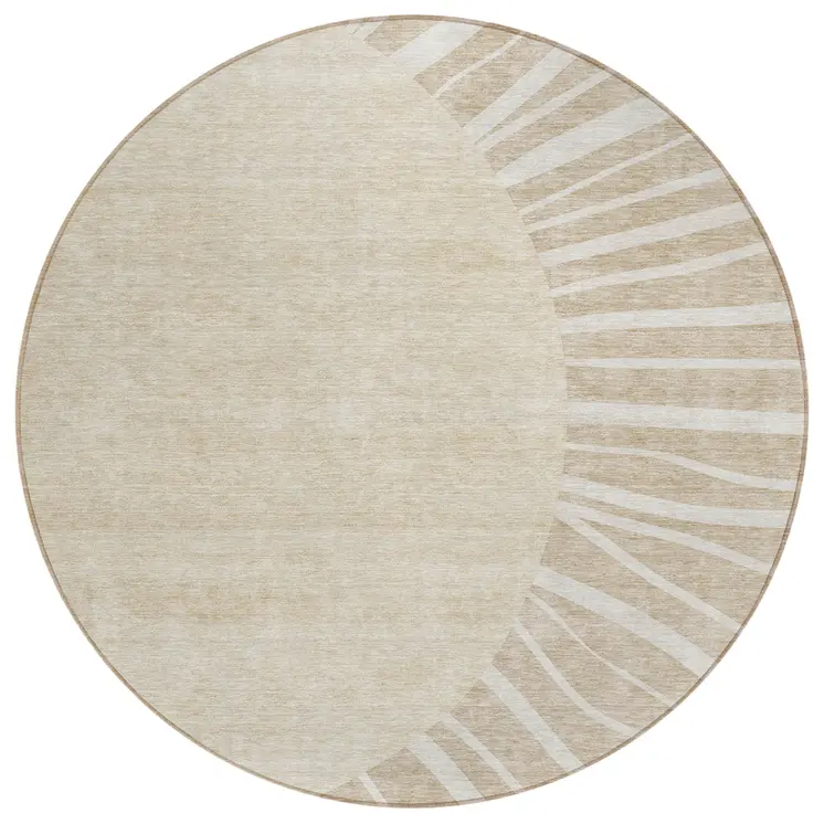 8' Beige And Khaki Round Abstract Washable Indoor Outdoor Area Rug