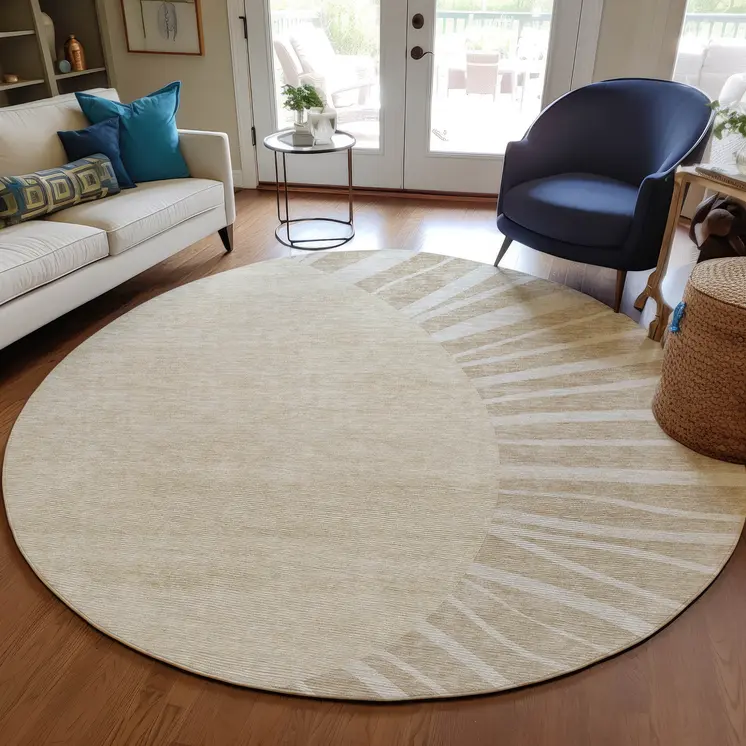 8' Beige And Khaki Round Abstract Washable Indoor Outdoor Area Rug