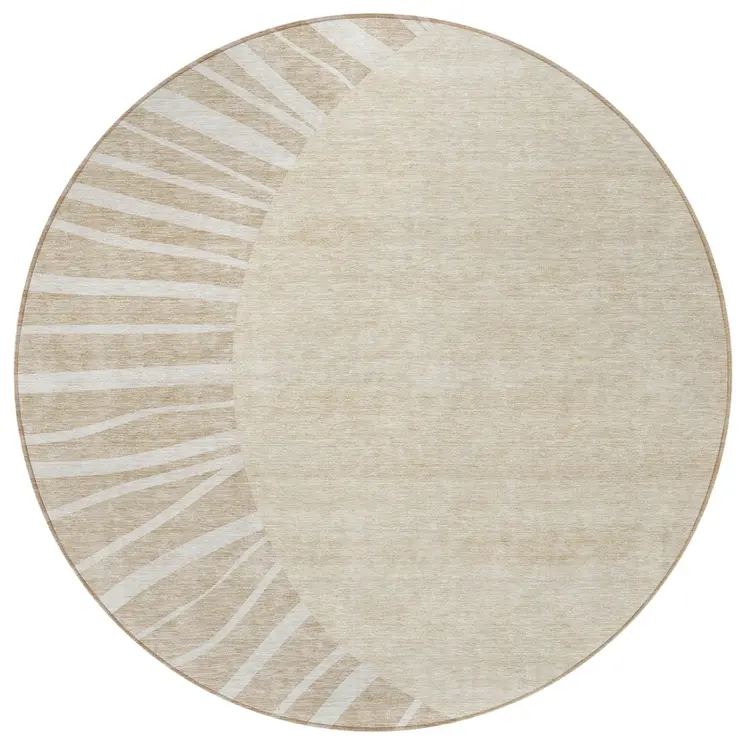 8' Beige And Khaki Round Abstract Washable Indoor Outdoor Area Rug