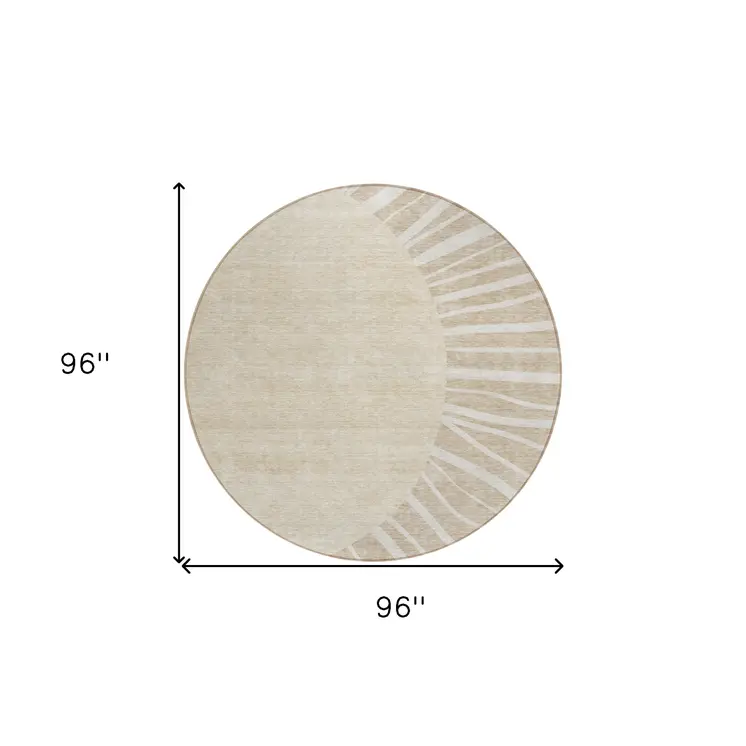 8' Beige And Khaki Round Abstract Washable Indoor Outdoor Area Rug