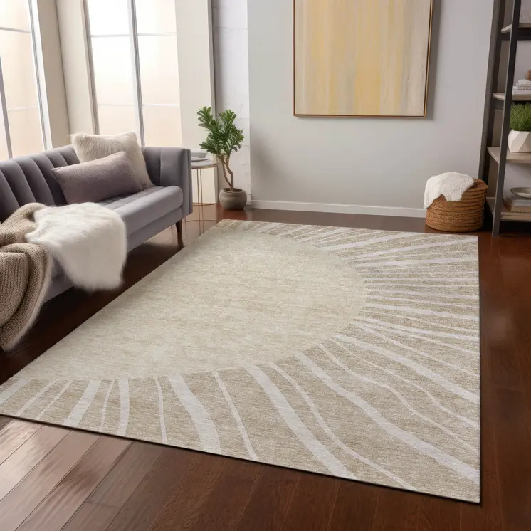 9' X 12' Beige And Khaki Abstract Washable Indoor Outdoor Area Rug