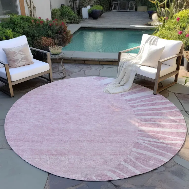 8' Blush Pink And Mauve Round Abstract Washable Indoor Outdoor Area Rug