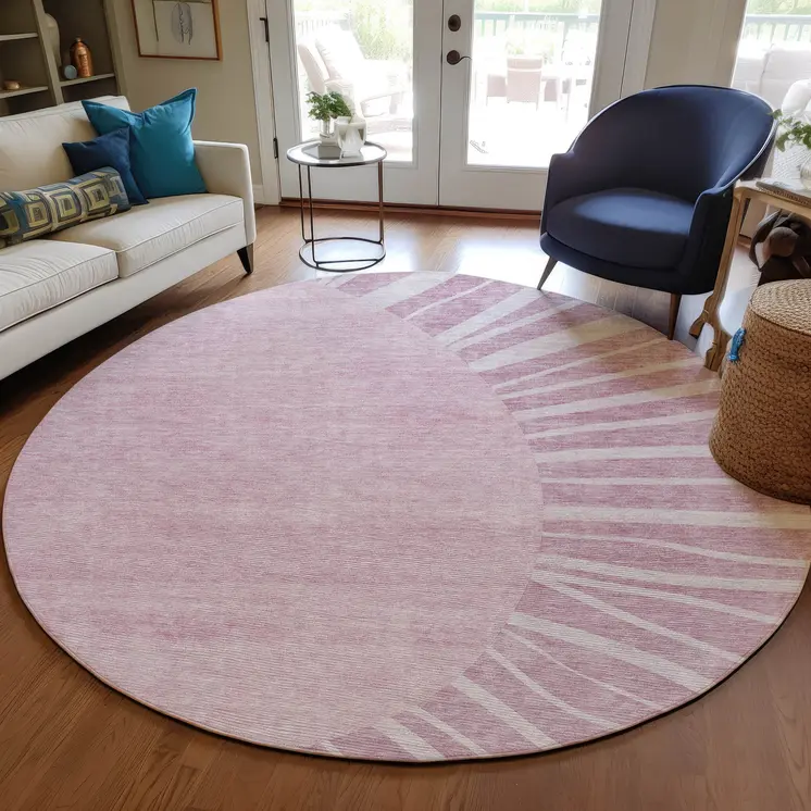 8' Blush Pink And Mauve Round Abstract Washable Indoor Outdoor Area Rug