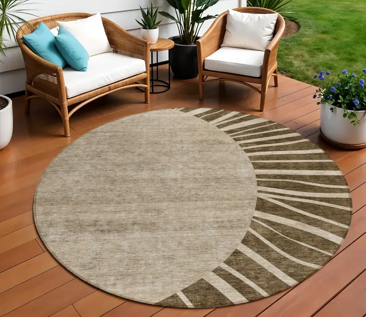 8' Brown Taupe And Beige Round Abstract Washable Indoor Outdoor Area Rug