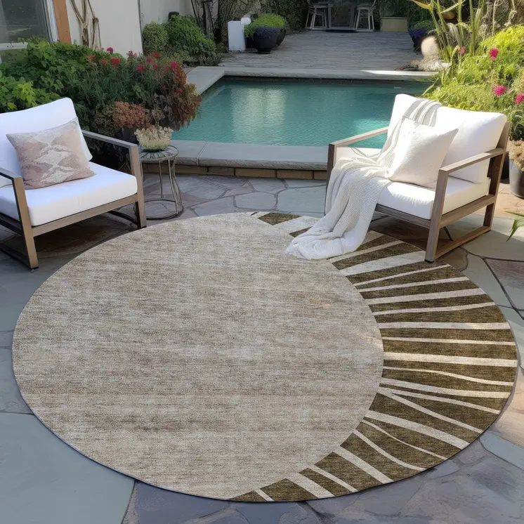 8' Brown Taupe And Beige Round Abstract Washable Indoor Outdoor Area Rug