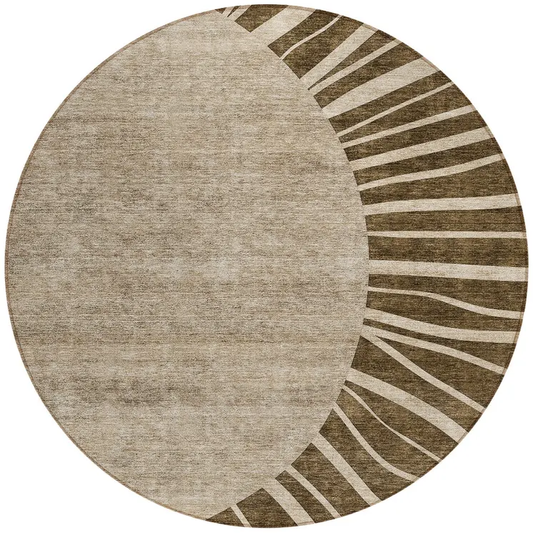 8' Brown Taupe And Beige Round Abstract Washable Indoor Outdoor Area Rug