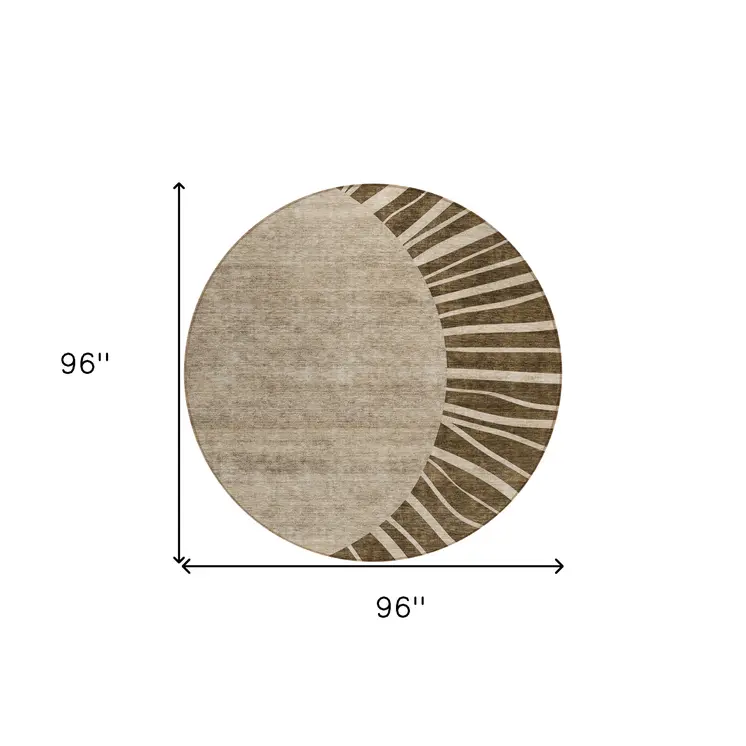 8' Brown Taupe And Beige Round Abstract Washable Indoor Outdoor Area Rug