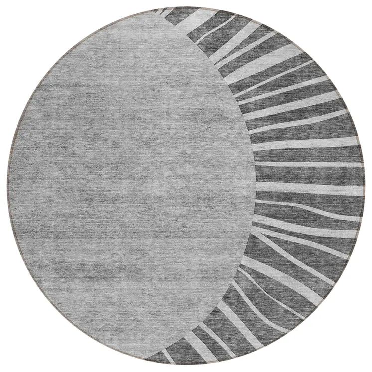 8' Charcoal Gray And Silver Round Abstract Washable Indoor Outdoor Area Rug
