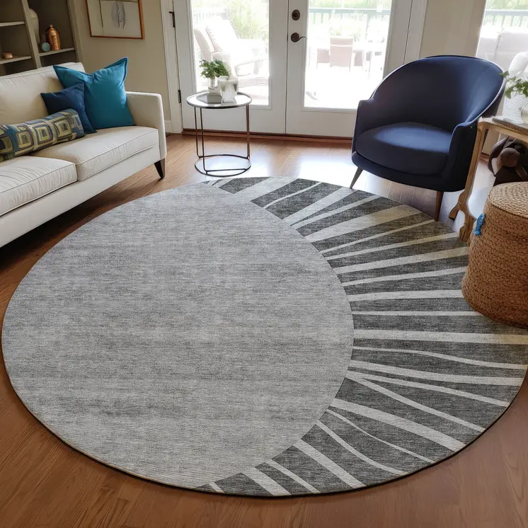 8' Charcoal Gray And Silver Round Abstract Washable Indoor Outdoor Area Rug