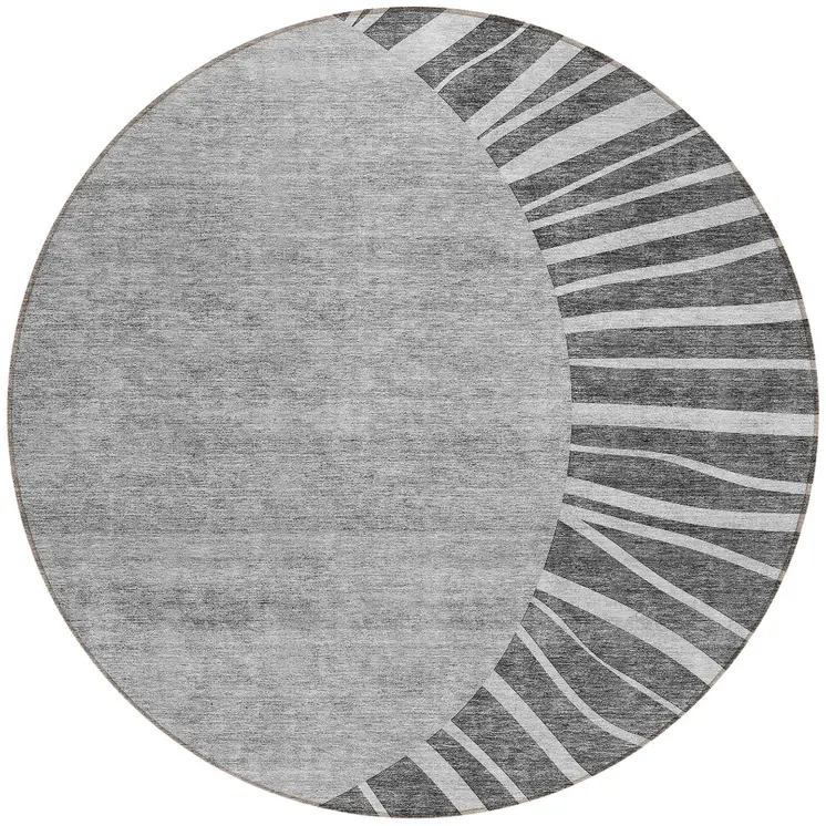 8' Charcoal Gray And Silver Round Abstract Washable Indoor Outdoor Area Rug