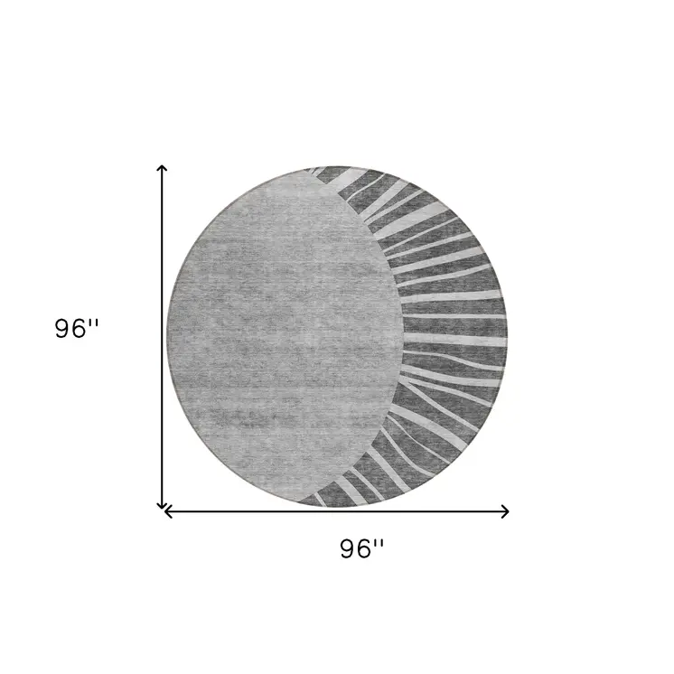 8' Charcoal Gray And Silver Round Abstract Washable Indoor Outdoor Area Rug