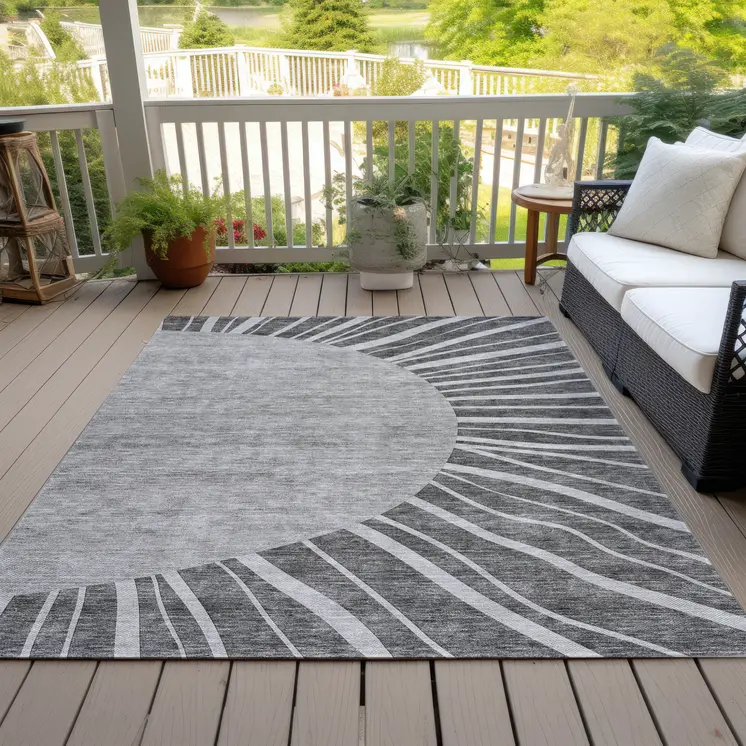 8' X 10' Charcoal Gray And Silver Abstract Washable Indoor Outdoor Area Rug