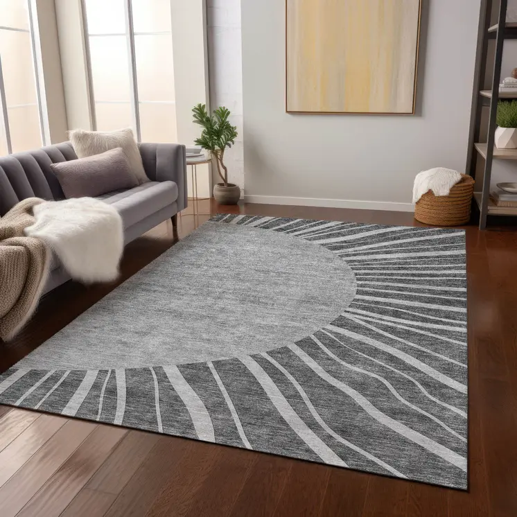 8' X 10' Charcoal Gray And Silver Abstract Washable Indoor Outdoor Area Rug