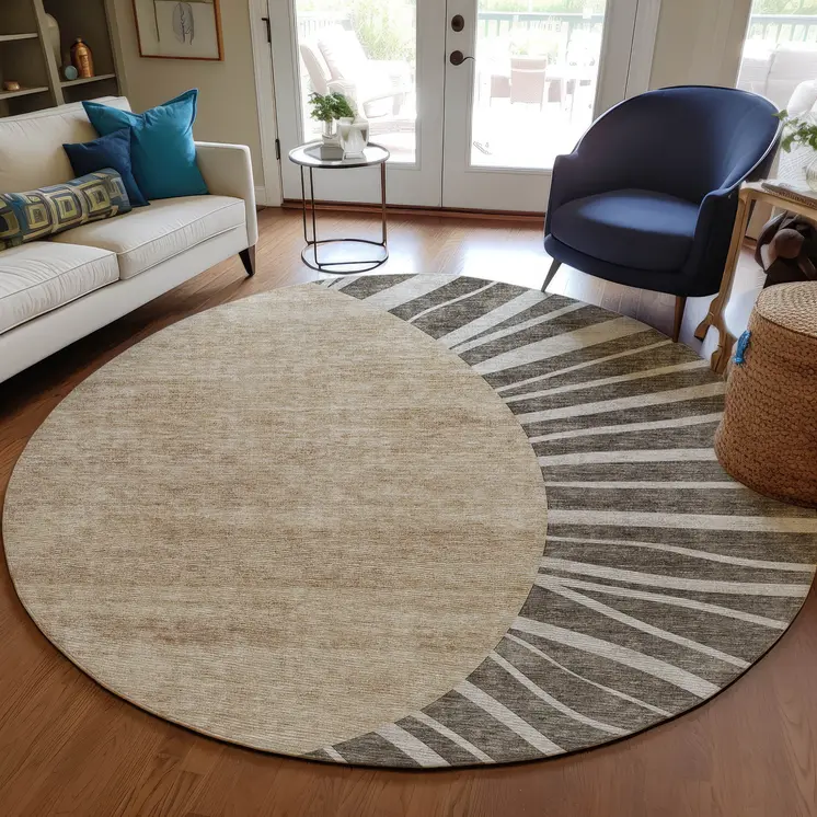 8' Chocolate Beige And Taupe Round Abstract Washable Indoor Outdoor Area Rug