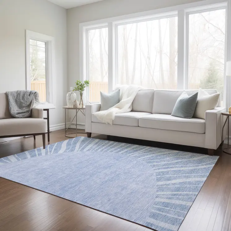 3' X 5' Denim Blue And Sky Blue Abstract Washable Indoor Outdoor Area Rug