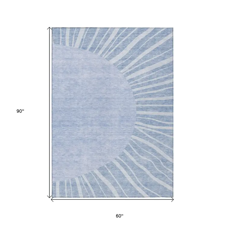 5' X 8' Denim Blue And Sky Blue Abstract Washable Indoor Outdoor Area Rug