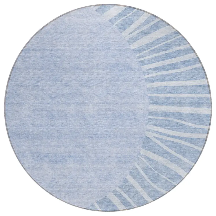 8' Denim Blue And Sky Blue Round Abstract Washable Indoor Outdoor Area Rug