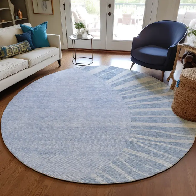 8' Denim Blue And Sky Blue Round Abstract Washable Indoor Outdoor Area Rug