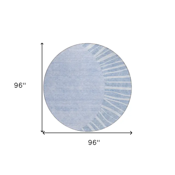 8' Denim Blue And Sky Blue Round Abstract Washable Indoor Outdoor Area Rug