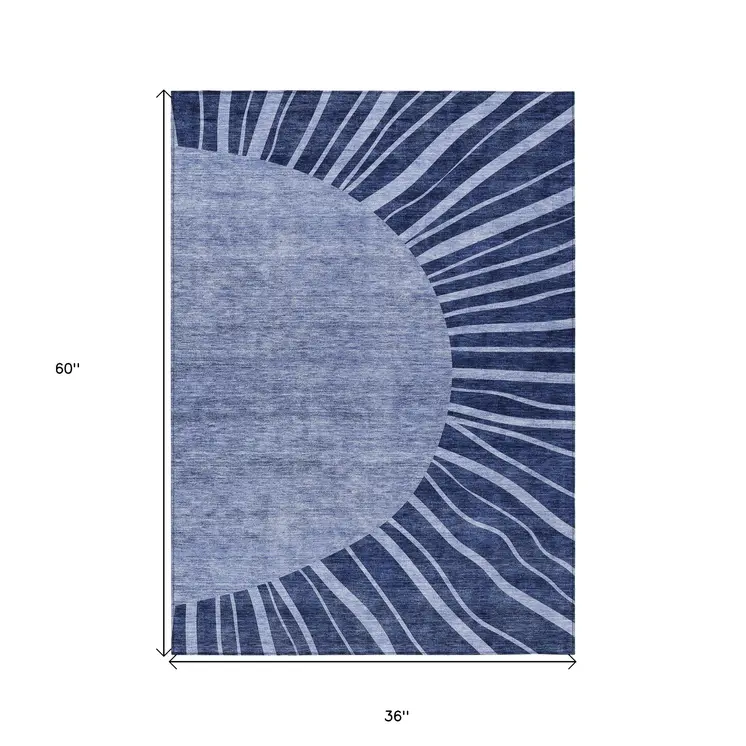 3' X 5' Navy Blue And Sky Blue Abstract Washable Indoor Outdoor Area Rug