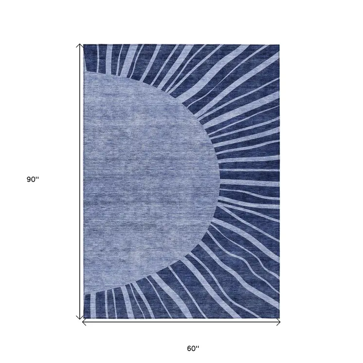 5' X 8' Navy Blue And Sky Blue Abstract Washable Indoor Outdoor Area Rug