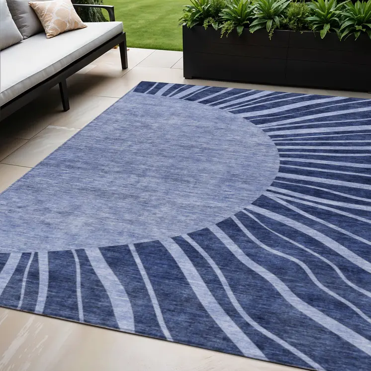5' X 8' Navy Blue And Sky Blue Abstract Washable Indoor Outdoor Area Rug