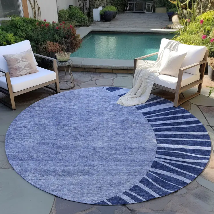 8' Navy Blue And Sky Blue Round Abstract Washable Indoor Outdoor Area Rug