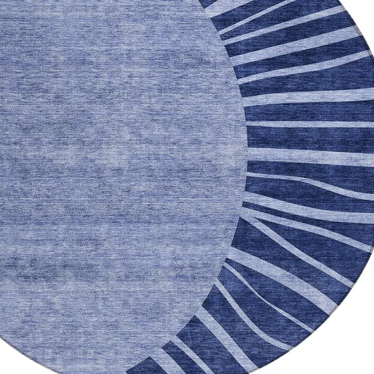 8' Navy Blue And Sky Blue Round Abstract Washable Indoor Outdoor Area Rug