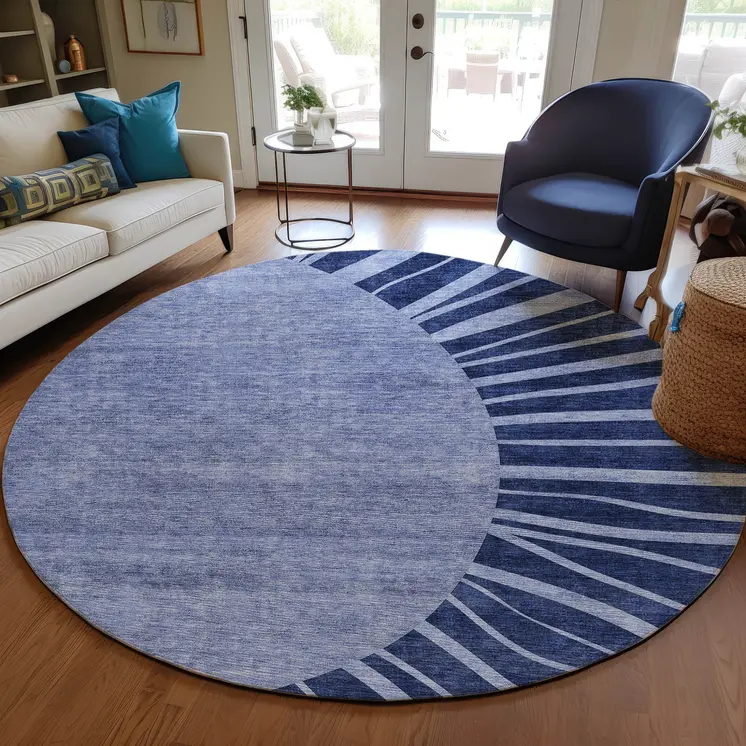 8' Navy Blue And Sky Blue Round Abstract Washable Indoor Outdoor Area Rug
