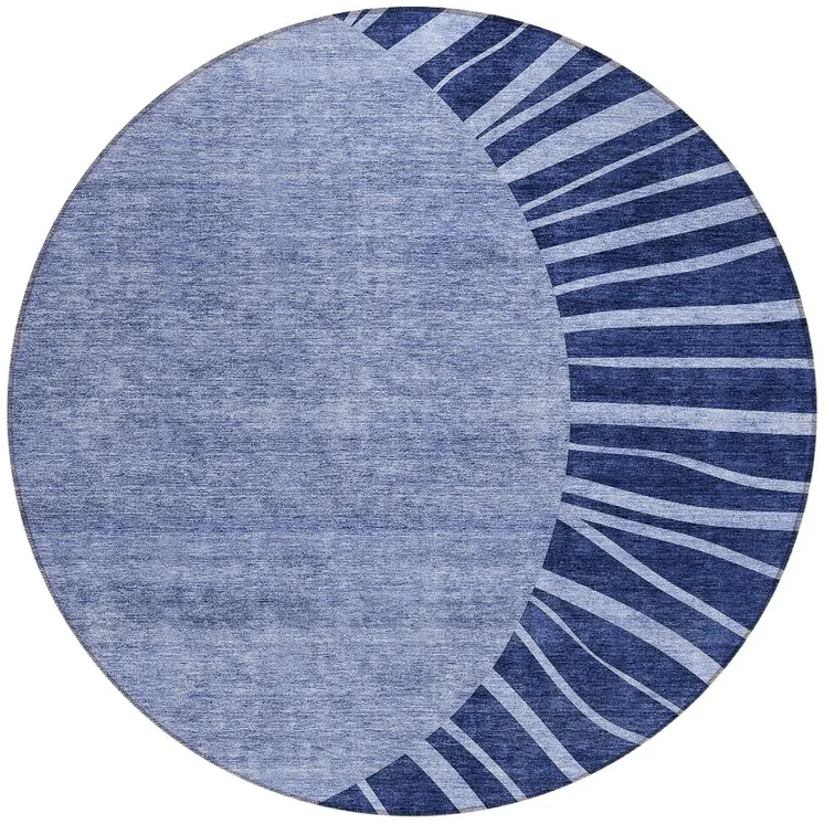 8' Navy Blue And Sky Blue Round Abstract Washable Indoor Outdoor Area Rug