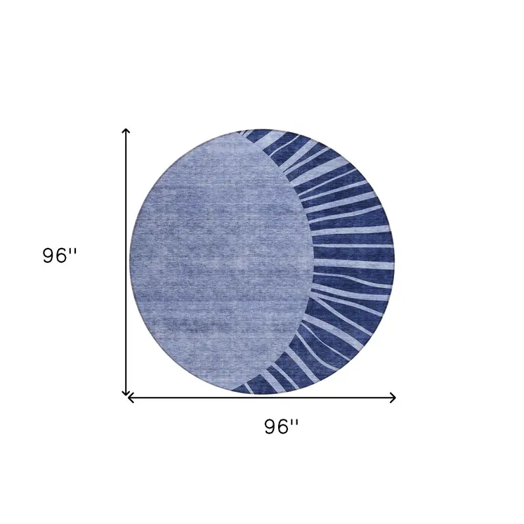 8' Navy Blue And Sky Blue Round Abstract Washable Indoor Outdoor Area Rug