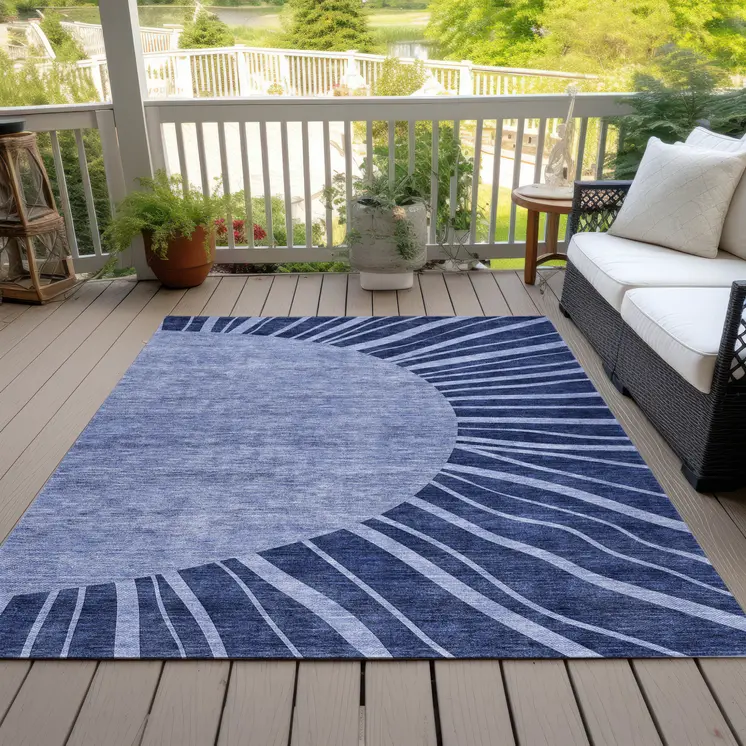 9' X 12' Navy Blue And Sky Blue Abstract Washable Indoor Outdoor Area Rug