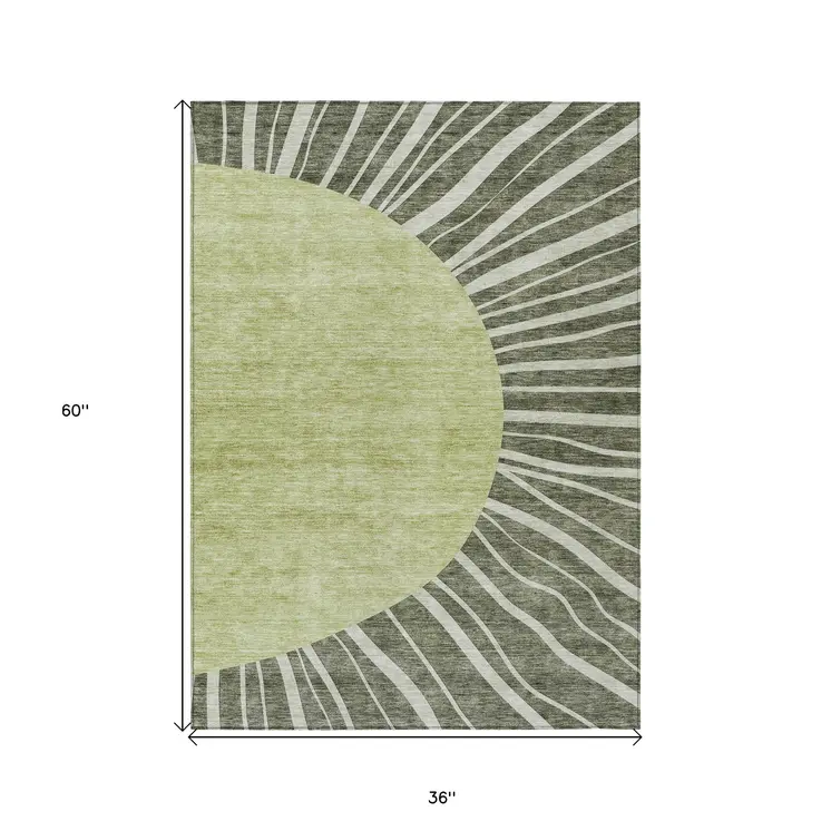 3' X 5' Olive Green And Artichoke Green Abstract Washable Indoor Outdoor Area Rug