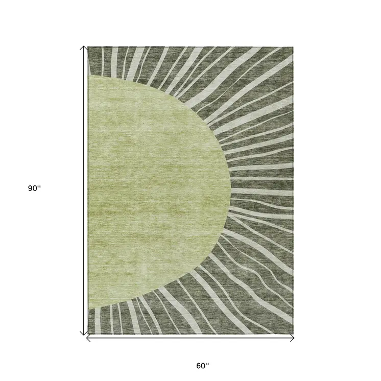 5' X 8' Olive Green And Artichoke Green Abstract Washable Indoor Outdoor Area Rug