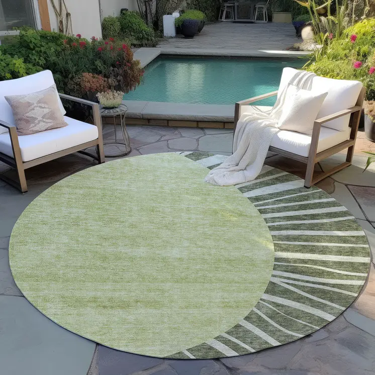 8' Olive Green And Artichoke Green Round Abstract Washable Indoor Outdoor Area Rug
