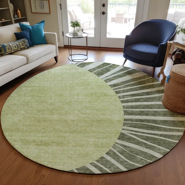 8' Olive Green And Artichoke Green Round Abstract Washable Indoor Outdoor Area Rug