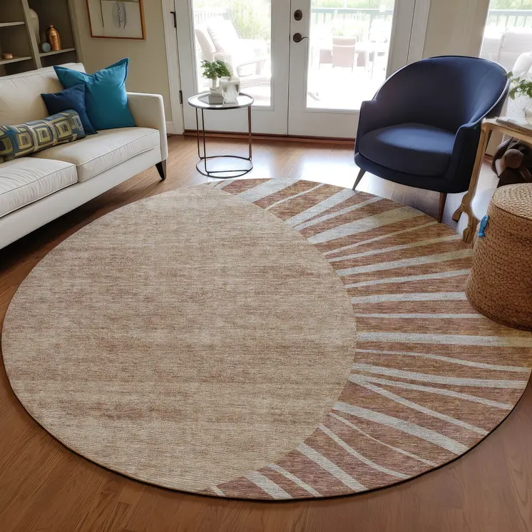 8' Orange Copper And Terra Cotta Round Abstract Washable Indoor Outdoor Area Rug