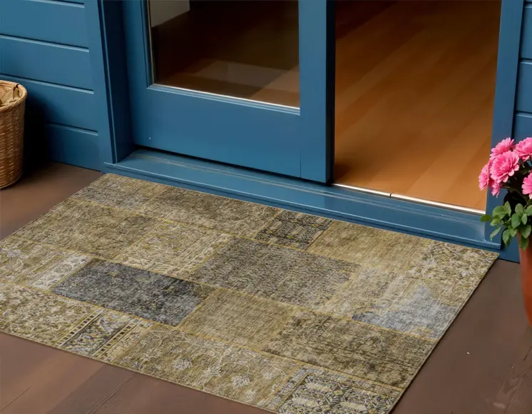 3' X 5' Brown Gray And Charcoal Patchwork Washable Indoor Outdoor Area Rug
