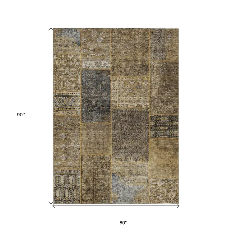 5' X 8' Brown Gray And Charcoal Patchwork Washable Indoor Outdoor Area Rug