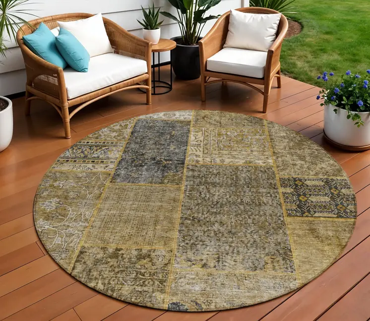 8' Brown Gray And Charcoal Round Patchwork Washable Indoor Outdoor Area Rug