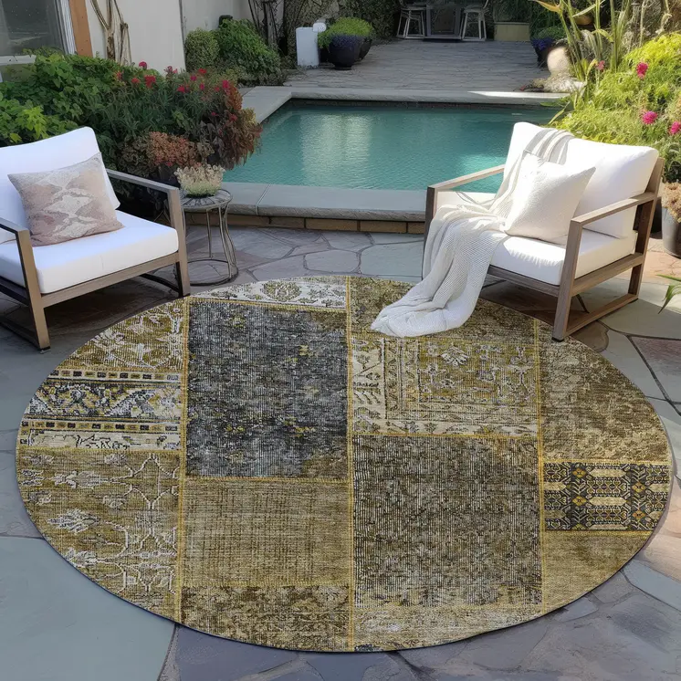 8' Brown Gray And Charcoal Round Patchwork Washable Indoor Outdoor Area Rug