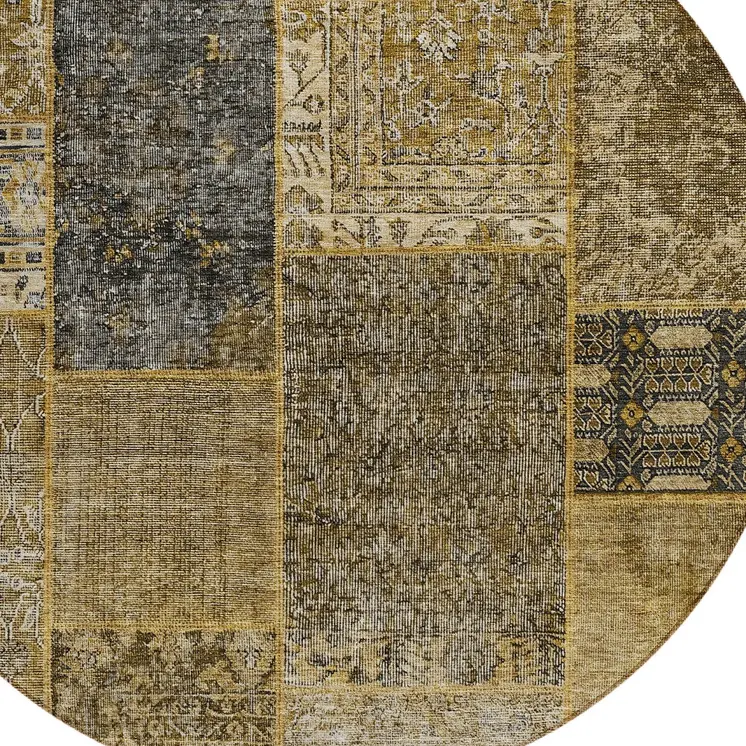 8' Brown Gray And Charcoal Round Patchwork Washable Indoor Outdoor Area Rug