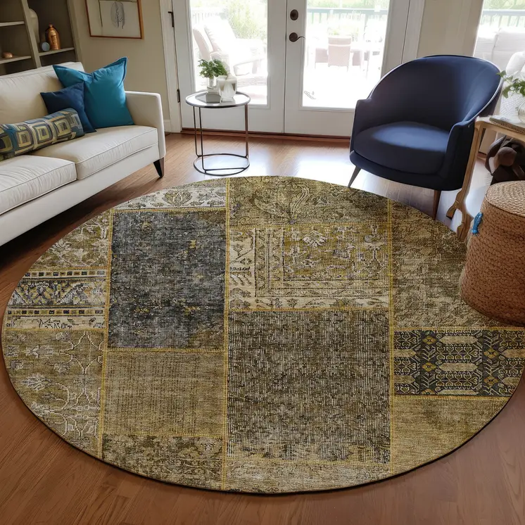 8' Brown Gray And Charcoal Round Patchwork Washable Indoor Outdoor Area Rug