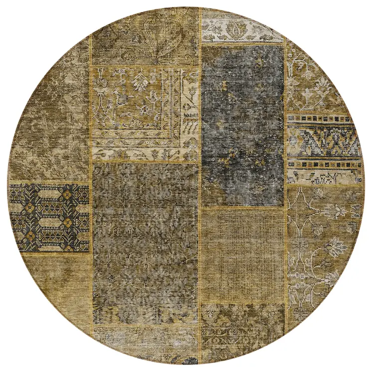 8' Brown Gray And Charcoal Round Patchwork Washable Indoor Outdoor Area Rug