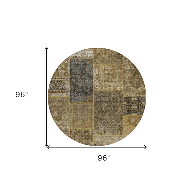 8' Brown Gray And Charcoal Round Patchwork Washable Indoor Outdoor Area Rug