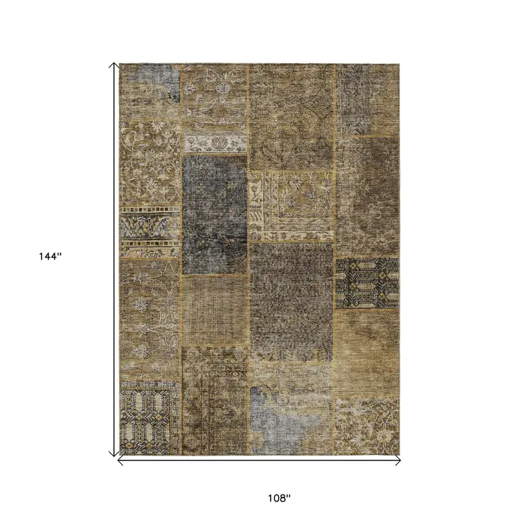 9' X 12' Brown Gray And Charcoal Patchwork Washable Indoor Outdoor Area Rug